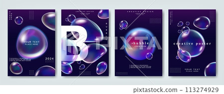 Hologram water drop. Holographic iridescent, pattern design neon, template abstract foil, 90s flyer, futuristic gradient, effect light. Soap bubbles flying. Vertical banners collection. Vector cover 113274929
