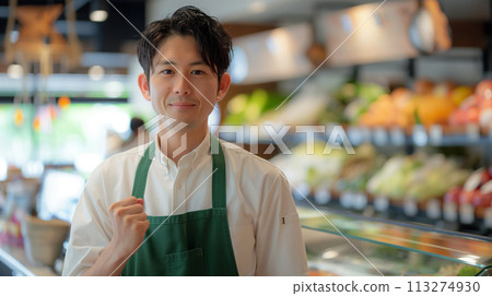 生鮮部一名男店員用拳頭擺姿勢的漂亮照片 113274930