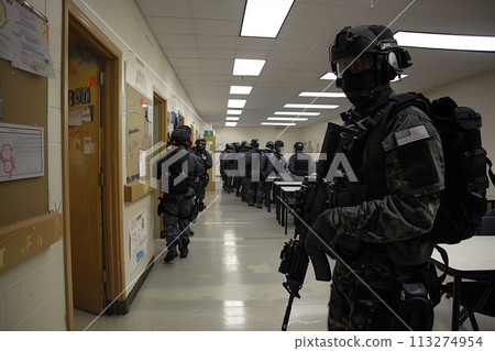 A crisis at school, SWAT team members with guns to Protect and Serve from school shootings, AI-generated item 113274954