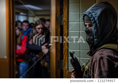 Man with a machine gun at school hall with many pupils, problem of shooting at school, crime concept, AI-generated item 113274957