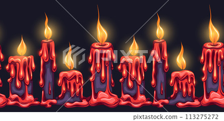 Vector mystic border of cartoon candles with lights on dark background. Horizontal frieze of red wax candles 113275272