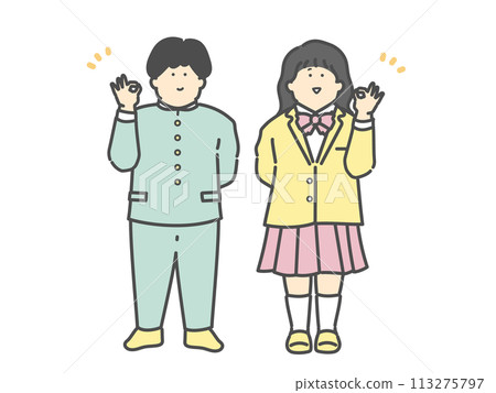 Full-body illustration of male and female students making an OK pose Full-body illustration of male and female students making an OK pose 113275797