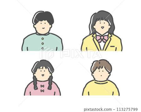 Illustration set of male students, female students, boys, and girls Illustration set of male students, female students, boys, and girls 113275799