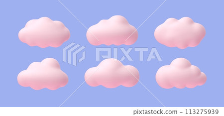Pink clouds. Cartoon soft pink rounded cloud 3D shapes for game and animation. Magic sunset clouds isolated on blue background vector set Pink clouds. Cartoon soft pink rounded cloud 3D shapes for game and animation. Magic sunset clouds isolated on blue background vector set 113275939