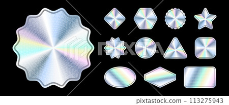Hologram sticker. Holographic stickers with guilloche pattern in various shapes. Iridescent shiny textured labels for product guarantee, quality. Isolated vector set 113275943