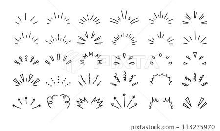 Sunburst doodle. Line shine rays and sparkles. Shining sparkles ray lines, confetti elements. Hand drawn Decorative surprise frame. Comic anime signs. Vector set 113275970