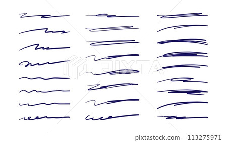 Hand drawn underline strokes. Sketch brush scribbles, ink marker squiggle lines, freehand pen stroke. Doodle painted curves, various pencil shapes and elements. Vector set 113275971