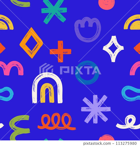 Brush texture shapes pattern. Cartoon bright colorful seamless pattern with hand drawn abstract paintbrush elements. Colored kids doodle figures background. Vector illustration Brush texture shapes pattern. Cartoon bright colorful seamless pattern with hand drawn abstract paintbrush elements. Colored kids doodle figures background. Vector illustration 113275980