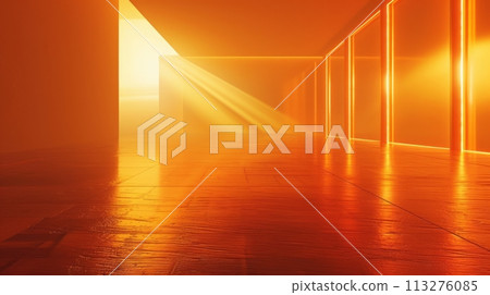 Light coming through windows at the end of long hallway casts orange glow on walls. Contemporary minimalist interior design. Light coming through windows at the end of long hallway casts orange glow on walls. Contemporary minimalist interior design. 113276085