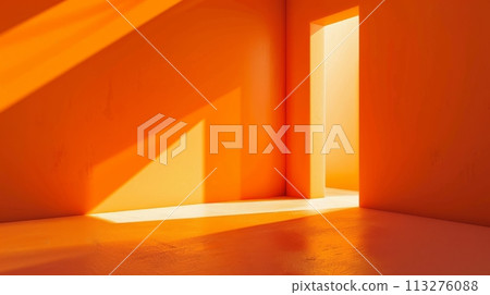 Minimalist architectural details. Empty vibrant orange room with sun which lighting through doorway. Clean bright neon orange background. 113276088