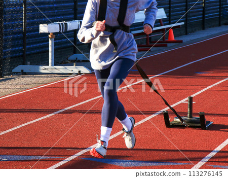 Front view of a runner pulling a sled with weight  on top 113276145