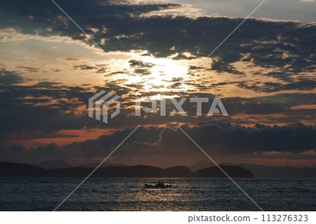 Evening sea and boats, early summer, telephoto, sky-focused, 230723pm 113276323
