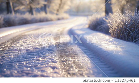 Close-up of a snowy road 113276461