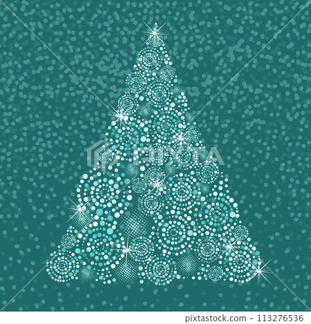 Christmas tree of white and blue dots. Snow needles. Happy New Year . hand drawing. Not AI, Vector illustrations 113276536