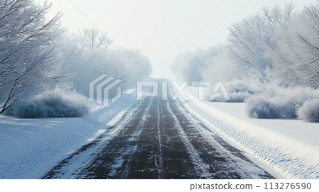 Snow-removed road in the mountains 113276590