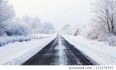 Snow-removed road in the mountains 113276591