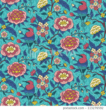 Seamless pattern with colorful chinoiserie hand drawn flowers and birds motifs 113276592