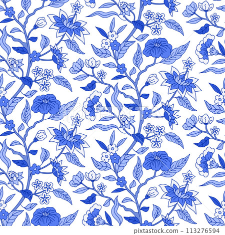 Seamless pattern with monochrome blue chinoiserie hand drawn motifs 113276594