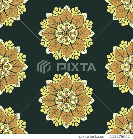 Seamless pattern with hand drawn yellow classic floral rosette motifs 113276602