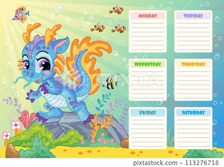 Kids school schedule weekly planner with water dragon vector 113276718