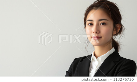 一位穿著西裝、交叉雙臂的日本年輕女性 113276730