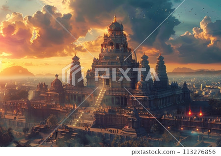 Majestic Hindu temple with jungle and mountains in the background 113276856