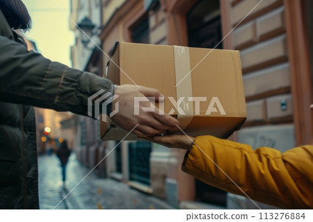 Delivery of goods and parcels, the delivery man hands over a cardboard box to the customer Delivery of goods and parcels, the delivery man hands over a cardboard box to the customer 113276884