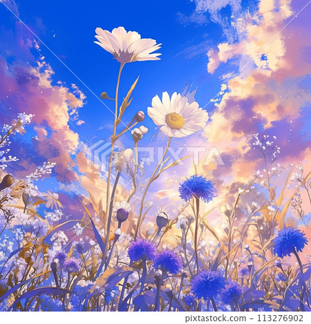 Summer wild field with wildflowers daisies and cornflowers and poppies in the rays of the sun 113276902