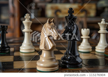 Checkmate in a chess game, winning and losing in the game, chess pieces on a chessboard 113276904