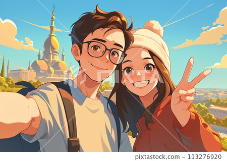 Illustration of a happy young couple traveling, happy couple taking selfie against the background of a cultural tourist site 113276920