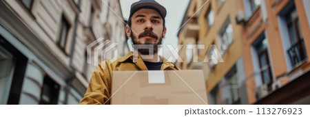 Delivery of goods and parcels, the delivery man holding cardboard box, banner 113276923