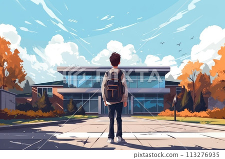 school boy with backpack stand in front of school illustration 113276935
