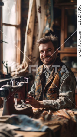 Male seamstress at home, the man sits at the sewing machine and looks at the camera 113276950