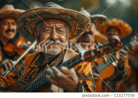 Traditional Mexican musicians wearing national costumes Traditional Mexican musicians wearing national costumes 113277556