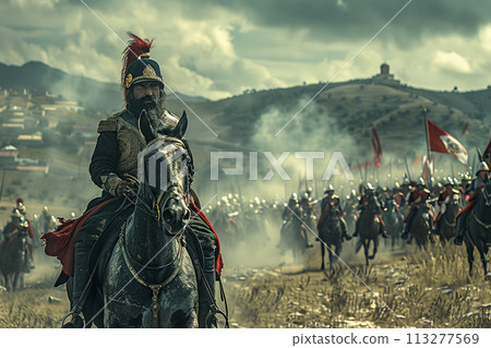 Cinco de Mayo concept - Mexican soldier during a battle, copy space 113277569