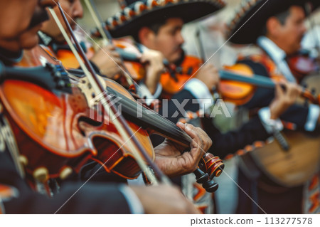 Traditional Mexican musicians wearing national costumes 113277578