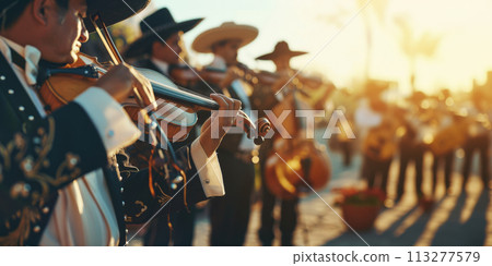 Traditional Mexican musicians wearing national costumes, banner Traditional Mexican musicians wearing national costumes, banner 113277579