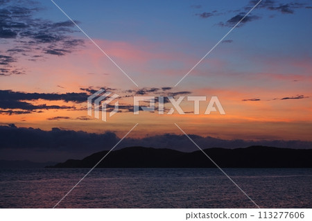 Sunset sky and sea with various clouds, early summer, 230723pm 113277606