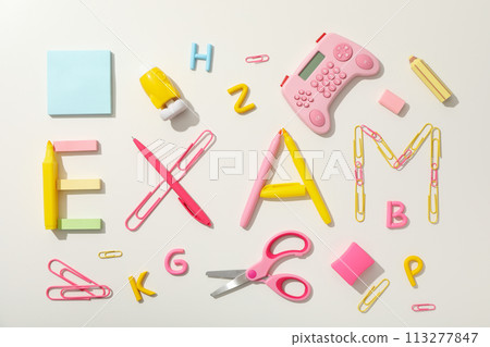 Exam, inscription on the table, on a light background. 113277847