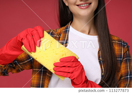 Housewife, in rubber gloves, on a bright background. Housewife, in rubber gloves, on a bright background. 113277873