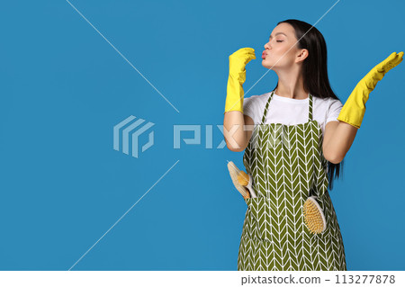 Housewife, in rubber gloves, on a bright background. Housewife, in rubber gloves, on a bright background. 113277878