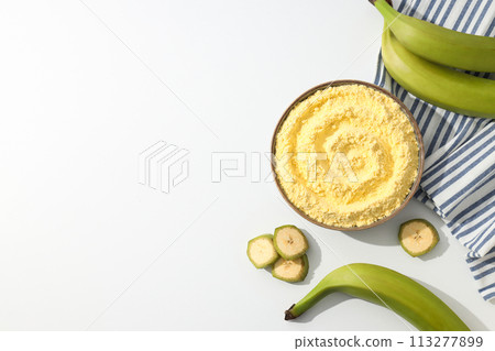 Banana flour, concept of cooking food, tasty banana flour Banana flour, concept of cooking food, tasty banana flour 113277899