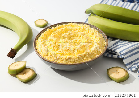 Banana flour, concept of cooking food, tasty banana flour Banana flour, concept of cooking food, tasty banana flour 113277901