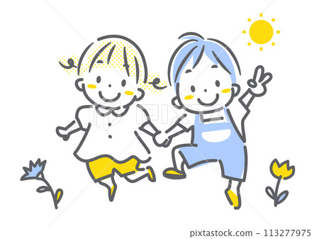 孩子們一起散步 — 簡單時尚的線條畫插圖 113277975