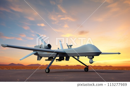 MQ-9 Reaper drone in sunset MQ-9 Reaper drone in sunset 113277989