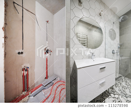 Photo collage of apartment bathroom before and after restoration. Comparison of old room with underfloor heating pipes and new renovated restroom with sink, shower and mirror. 113278598