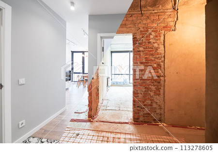 Comparison of old apartment before restoration and new renovated flat with modern interior design. Apartment before and after renovation. 113278605