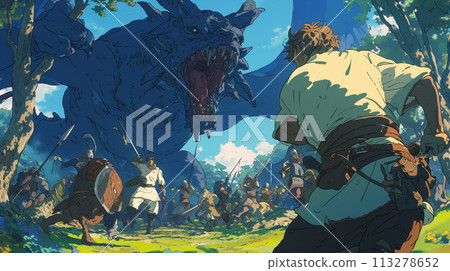 Men and soldiers attempting to slay a dragon 113278652