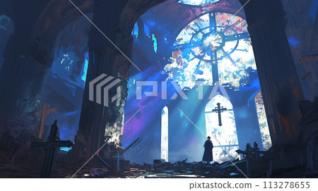 Silhouette of a man looking up at the cross in a ruined church 113278655