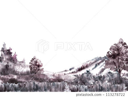 Watercolor monochromatic rural landscape with field, meadow, bushes, trees, hills, grass. Vintage grey, black color scheme nature for label, card print Hand draw illustration Isolated white background 113278722
